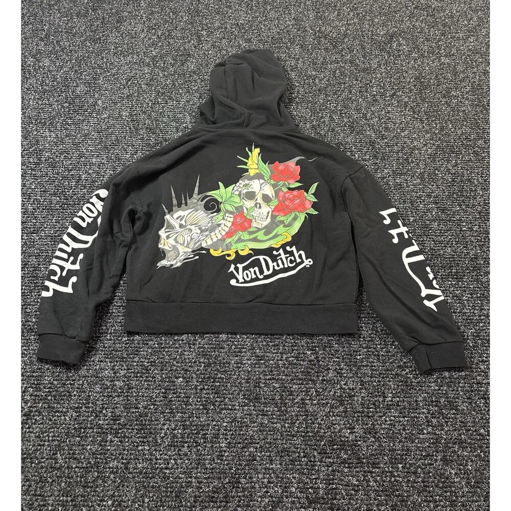 Von Dutch Black Full Zip Hooded Hoodie Skull Graphic Logo Sleeves Pockets